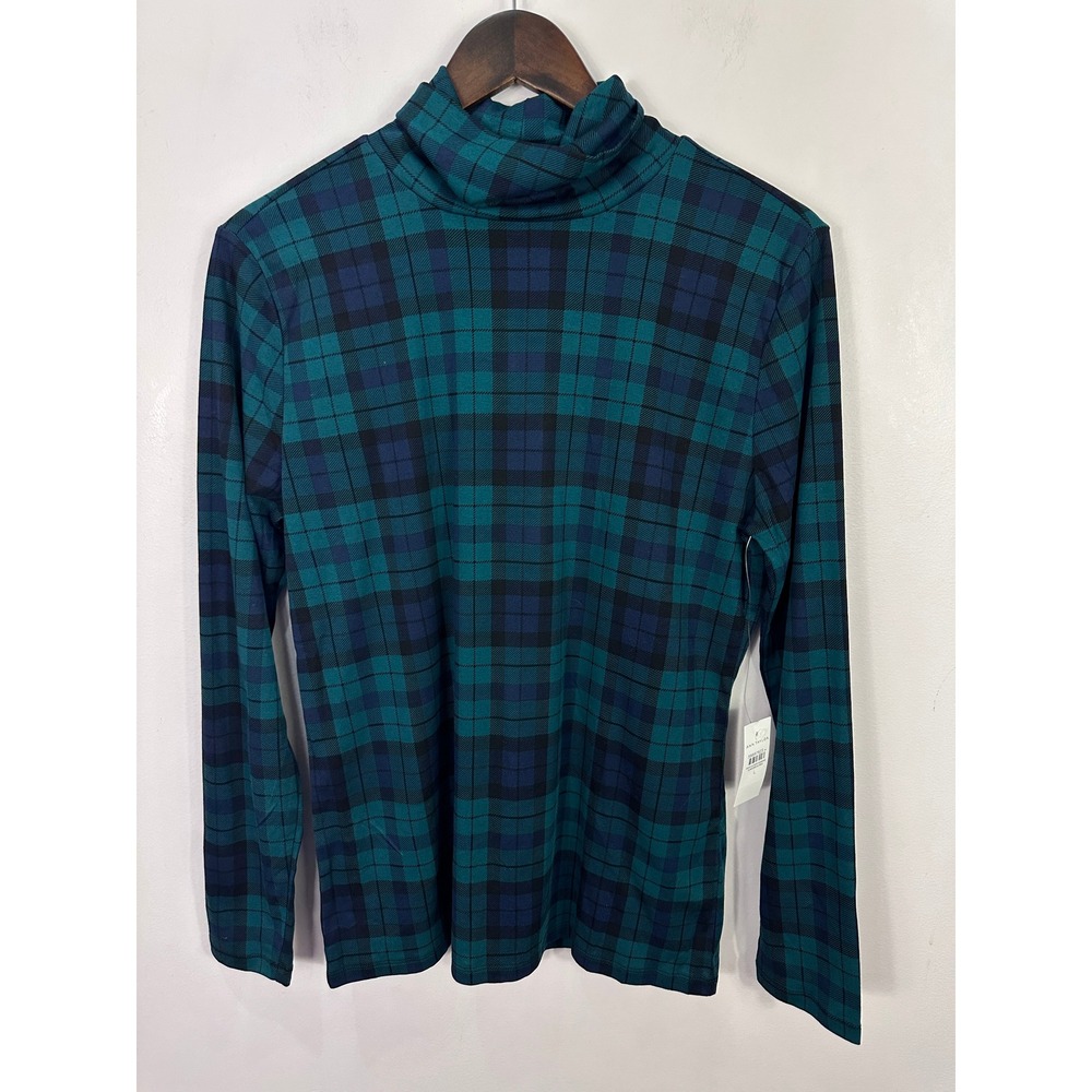 Ann Taylor Womens Large Teal Navy Tartan Plaid Cotton Turtleneck Long Sleeve Top